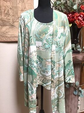 Chico's Mint and White Paisley Open-Front Sweater Set and Tank